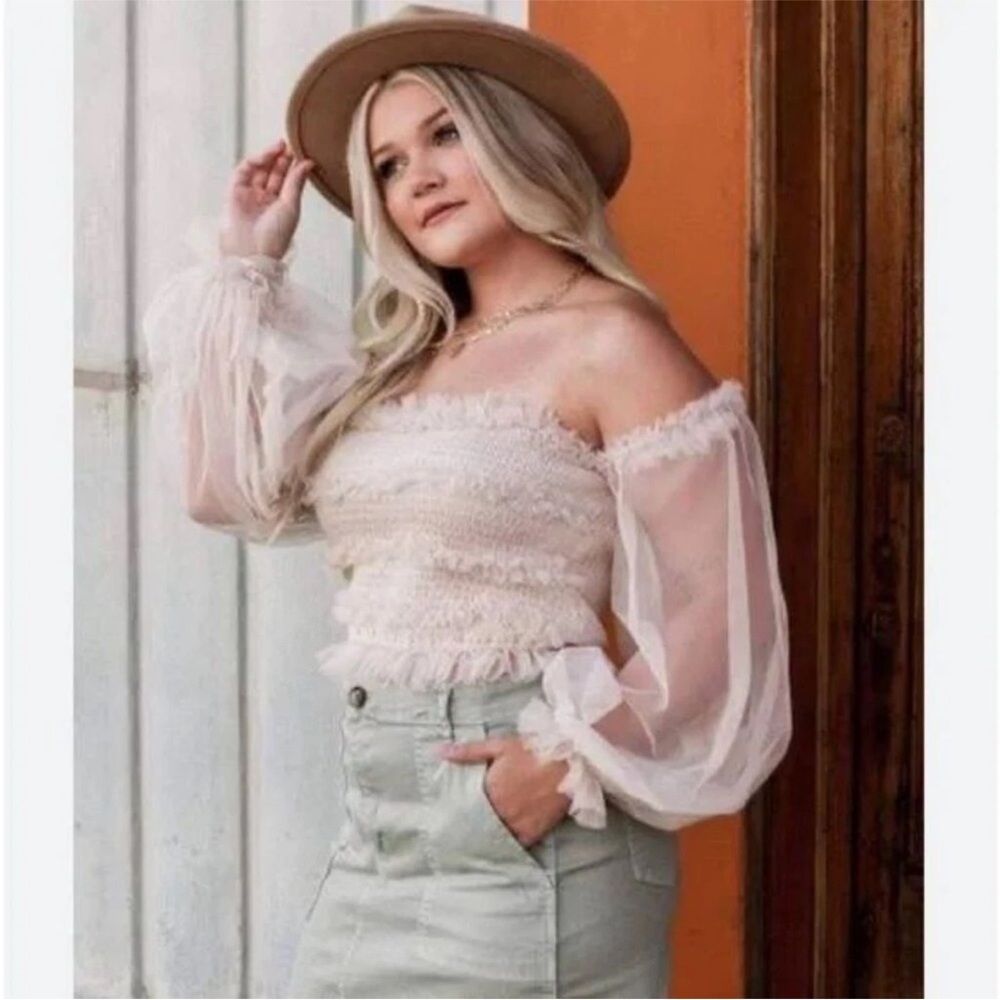 Mable Ruffled Tulle‎ Off Shoulder Top Size M beige whimsy whimsical long sleeve